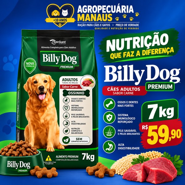 Ração Billy Dog Premium Cães Adultos Carne 7 kg